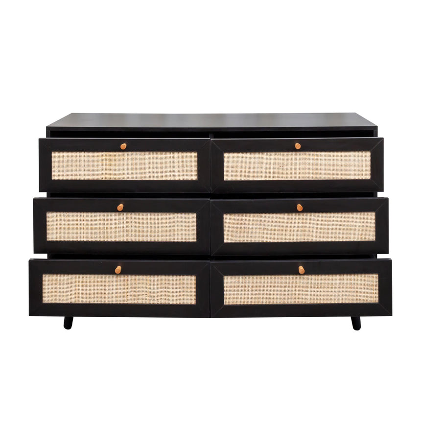 Clearance - Ferrero Black and Woven Rattan 6 Drawer Wide Chest-4