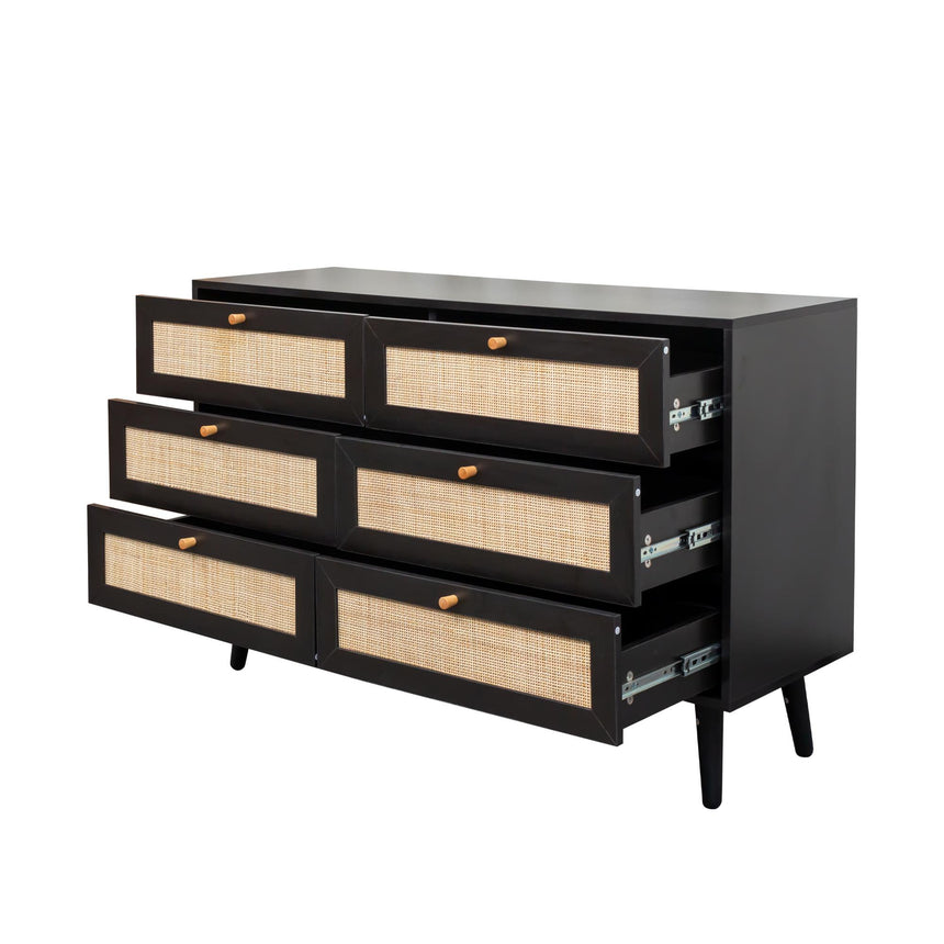 Clearance - Ferrero Black and Woven Rattan 6 Drawer Wide Chest-6