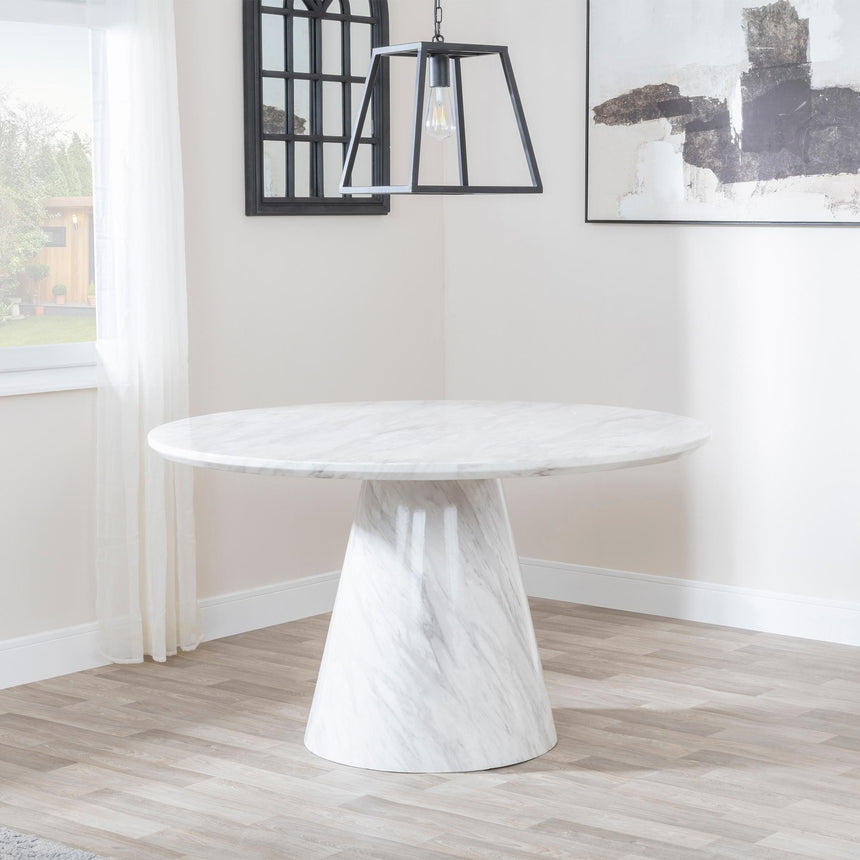 Carrera 4 Seater White Marble Round Dining Set - 4 Cadiz White Leather Dining Chair-4