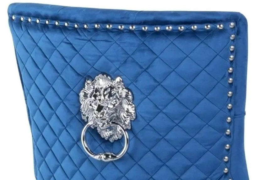 Turin Grey Marble Square Dining Set - Lion Knocker Back Blue Velvet Fabric Dining Chair with Black Wooden Legs-8