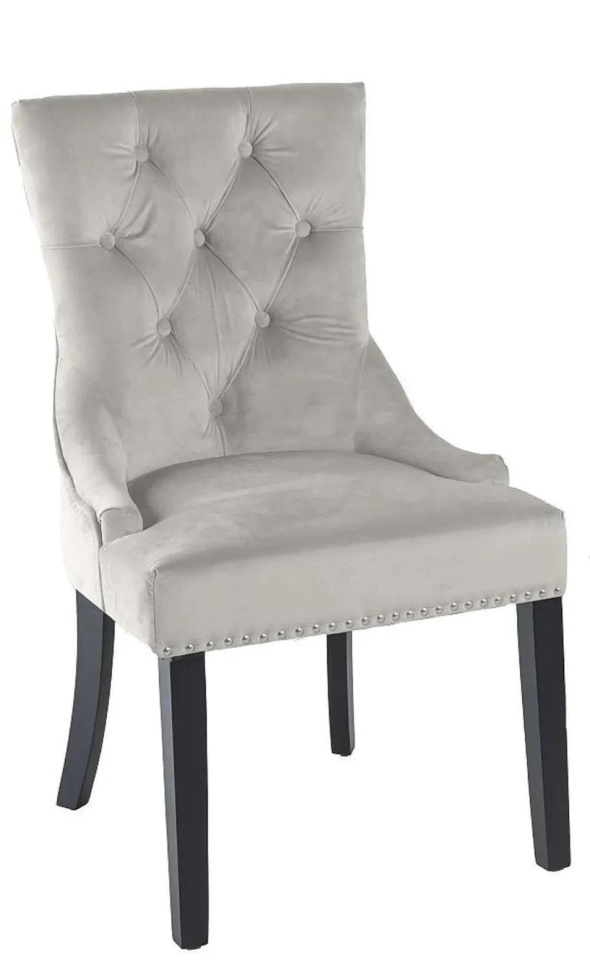 Turin Grey Marble Square Dining Set - Lion Knocker Back Champagne Velvet Fabric Dining Chair with Black Wooden Legs-10