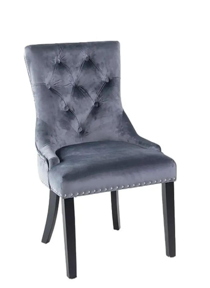 Turin Grey Marble Square Dining Set - Lion Knocker Back Grey Velvet Fabric Dining Chair with Black Wooden Legs-7