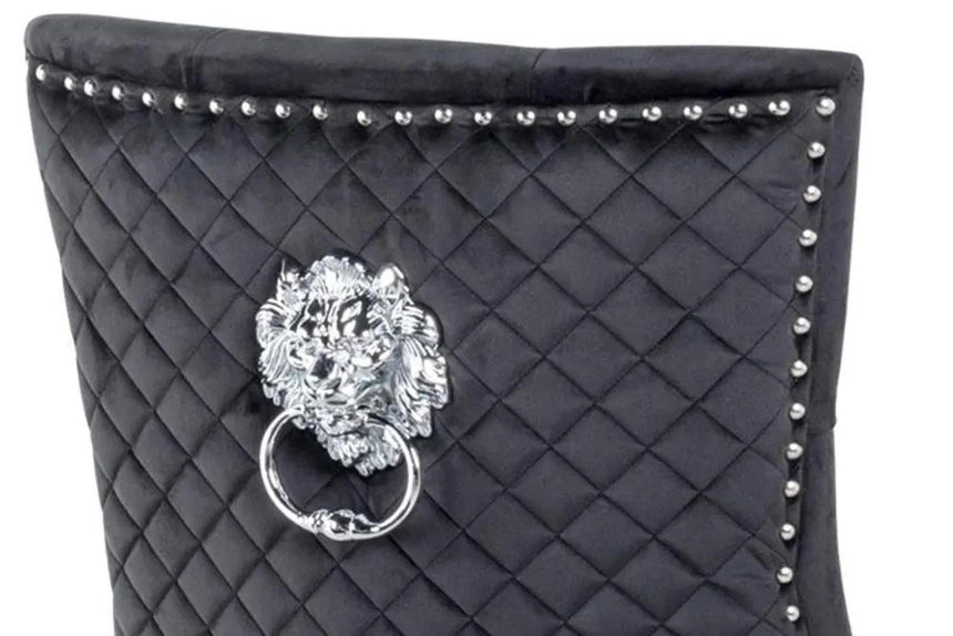 Venice Cream Marble Dining Set - Lion Knocker Back Black Velvet Fabric Dining Chair with Black Wooden Legs-8