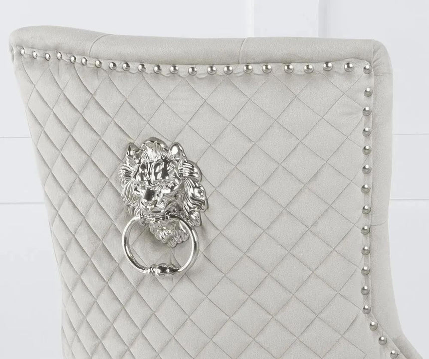 Venice Cream Marble Dining Set - Lion Knocker Back Champagne Velvet Fabric Dining Chair with Black Wooden Legs-11