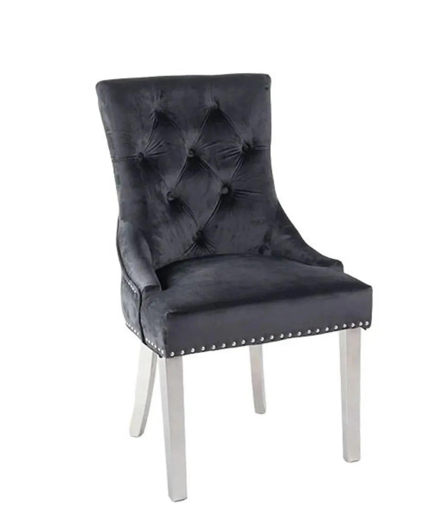 Louis 4 Seater Grey Marble and Chrome Square Dining Set - 4 Knocker Back Black Velvet Fabric Dining Chair with Chrome Legs-6