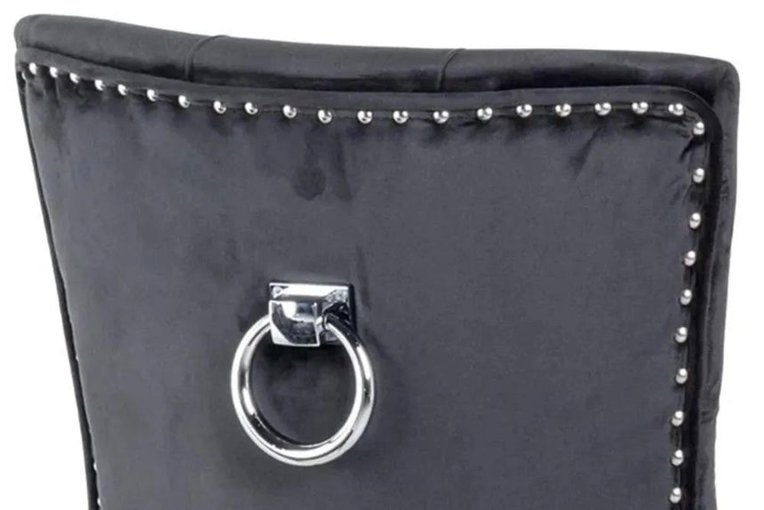 Louis 4 Seater Grey Marble and Chrome Square Dining Set - 4 Knocker Back Black Velvet Fabric Dining Chair with Chrome Legs-7