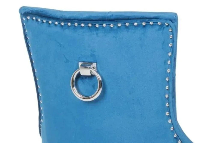 Louis 4 Seater Grey Marble and Chrome Square Dining Set - 4 Knocker Back Blue Velvet Fabric Dining Chair with Chrome Legs-8