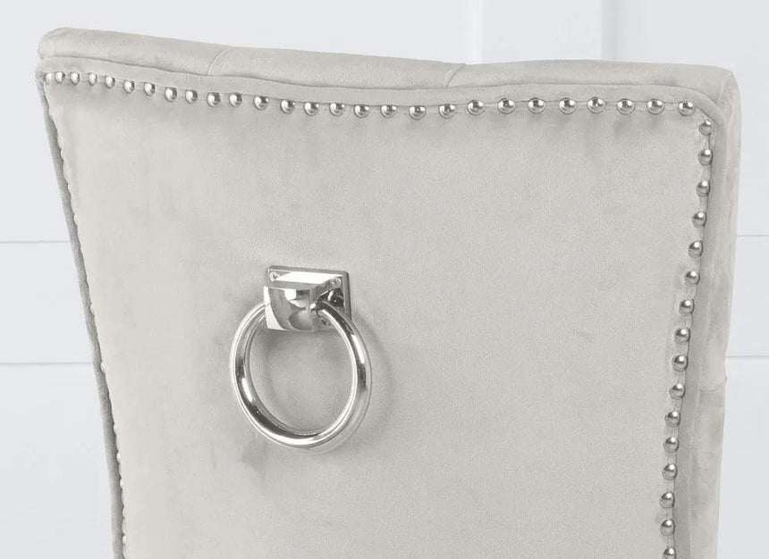 Louis 4 Seater Grey Marble and Chrome Square Dining Set - 4 Knocker Back Champagne Velvet Fabric Dining Chair with Chrome Legs-10