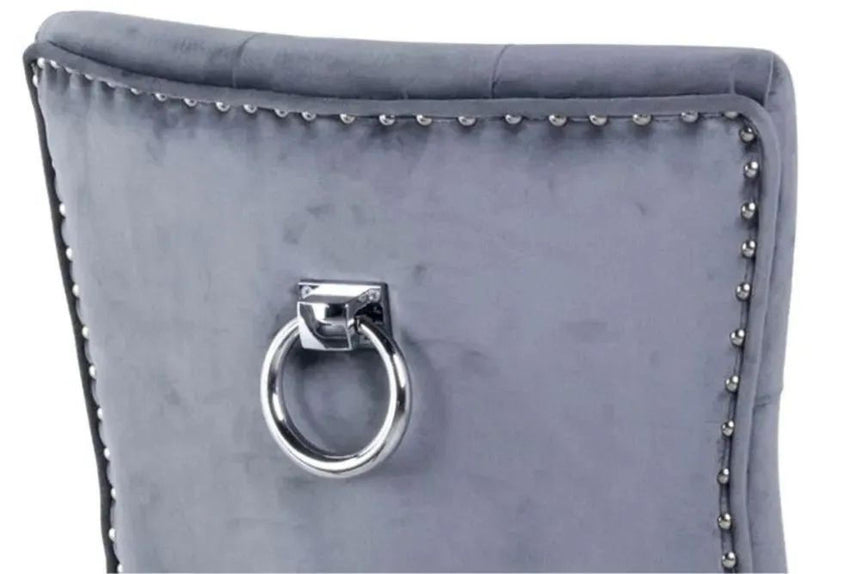 Louis 4 Seater Grey Marble and Chrome Square Dining Set - 4 Knocker Back Grey Velvet Fabric Dining Chair with Chrome Legs-9