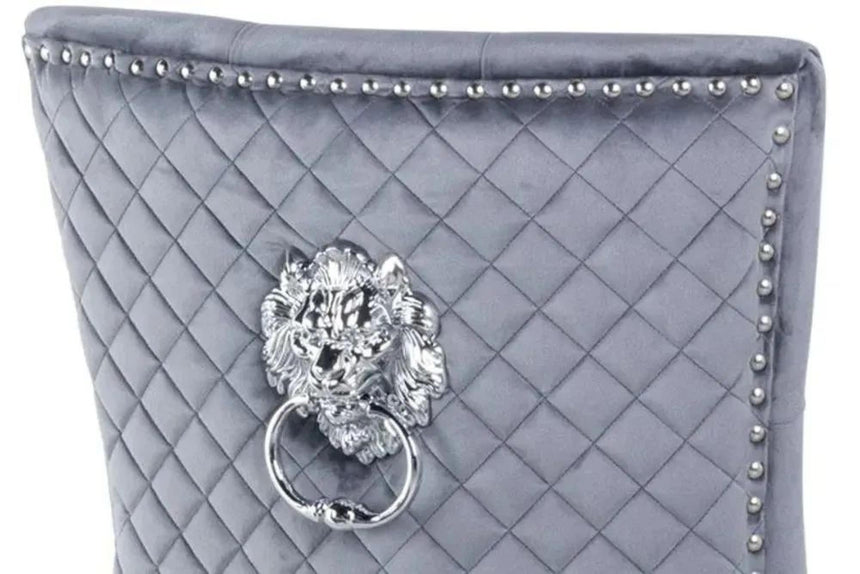 Louis 4 Seater Grey Marble and Chrome Square Dining Set - 4 Lion Knocker Back Grey Velvet Fabric Dining Chair with Chrome Legs-10