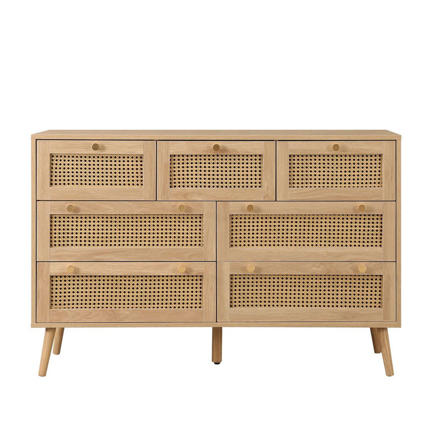 Croxley Oak and Rattan Wide 7 Drawer Chest-2