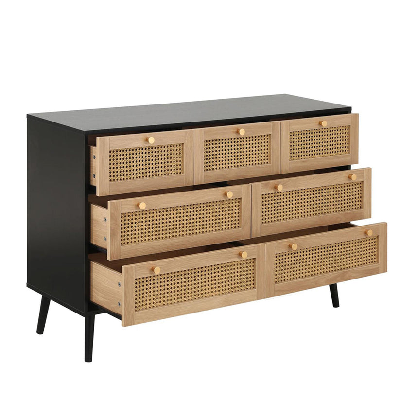 Croxley Black and Rattan Wide 7 Drawer Chest-4