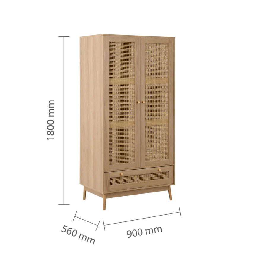 Croxley Oak and Rattan 2 Door Wardrobe - 1 Drawer-6
