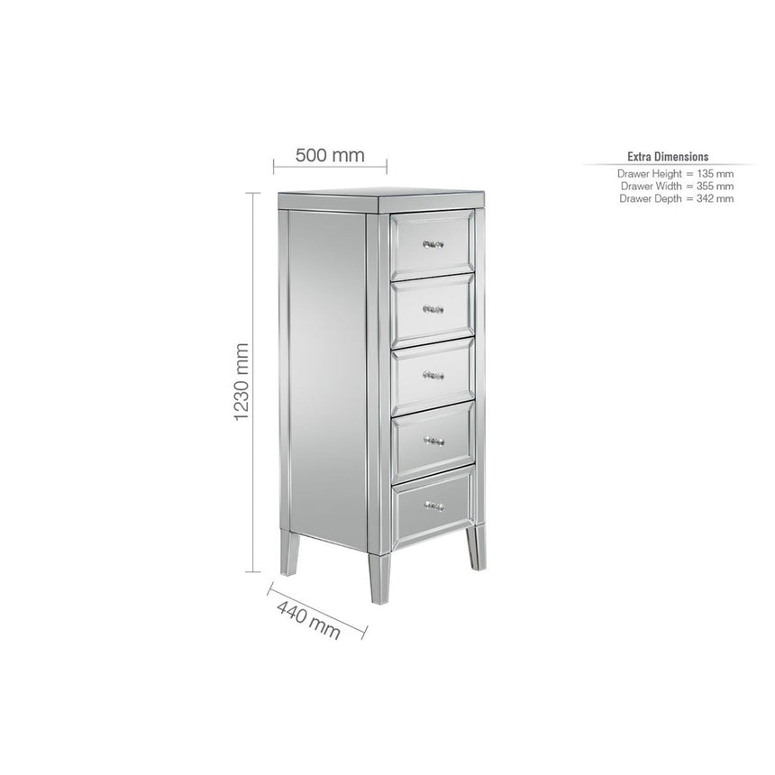 Valencia Mirrored 5 Drawer Narrow Chest-6