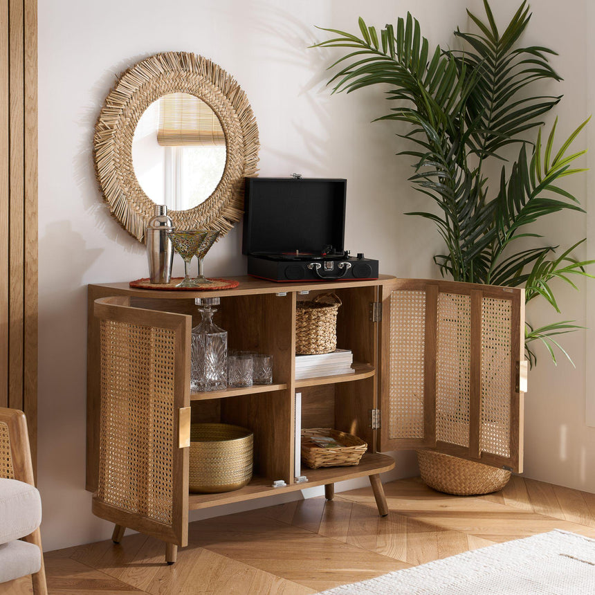 Noah Oak and Rattan Curved 100cm Small Sideboard - 2 Doors-2