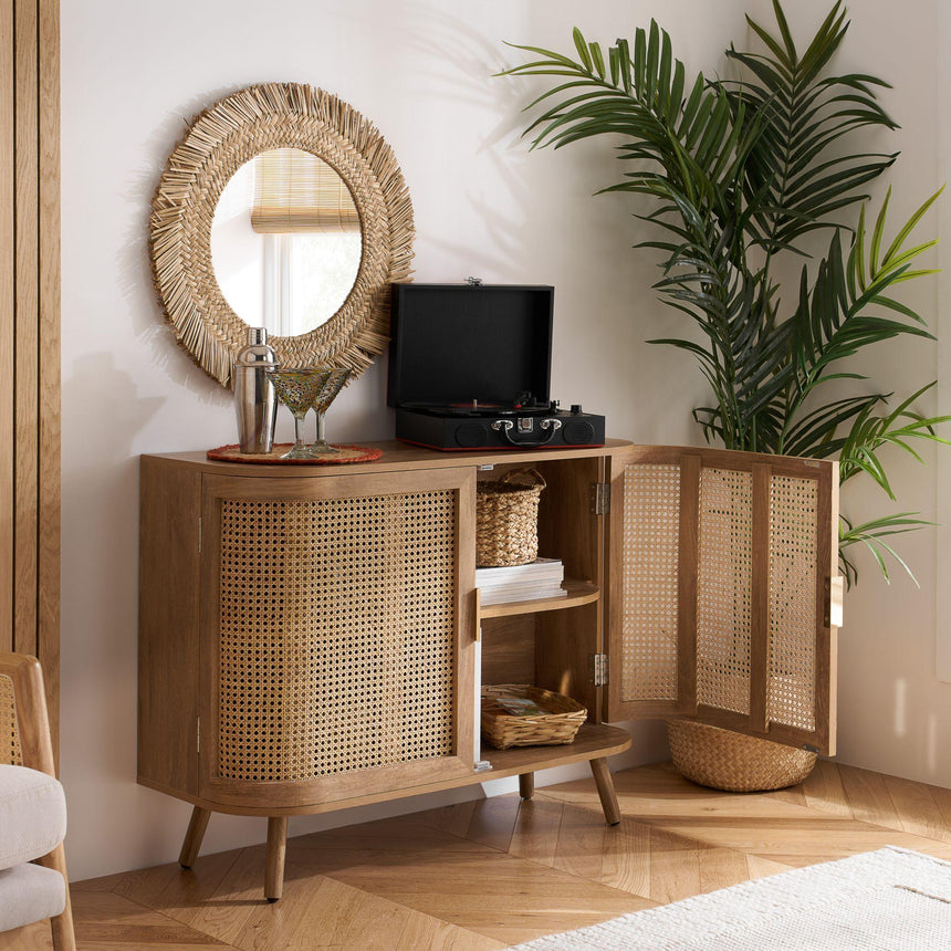Noah Oak and Rattan Curved 100cm Small Sideboard - 2 Doors-4