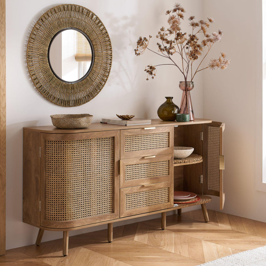 Noah Oak and Rattan Curved 150cm Medium Sideboard - 2 Doors-5