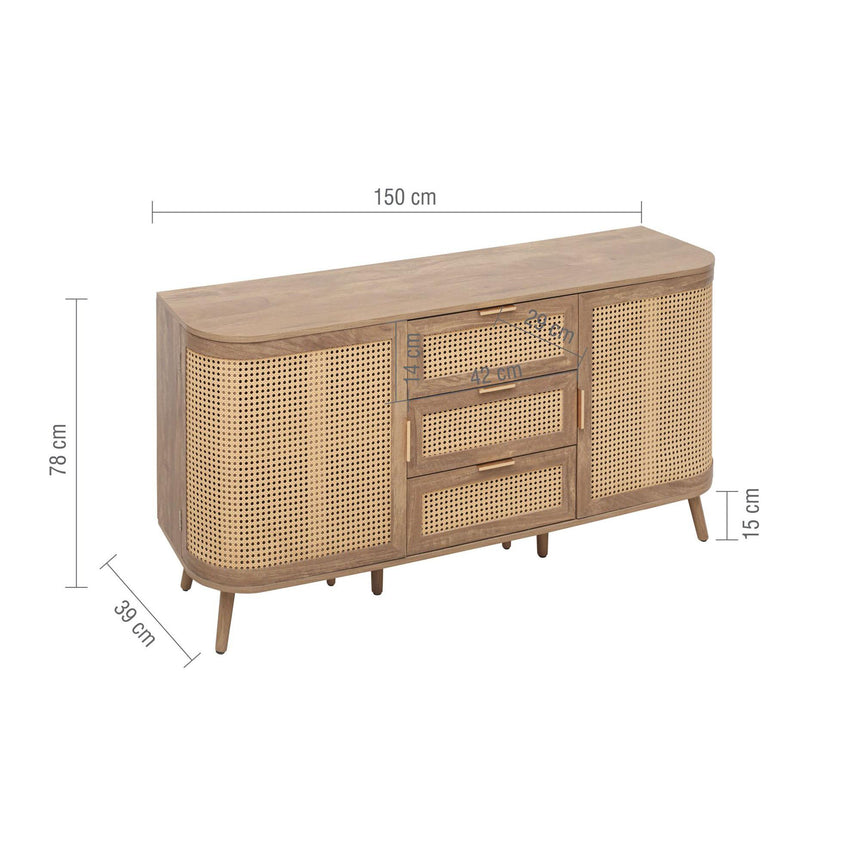 Noah Oak and Rattan Curved 150cm Medium Sideboard - 2 Doors-8