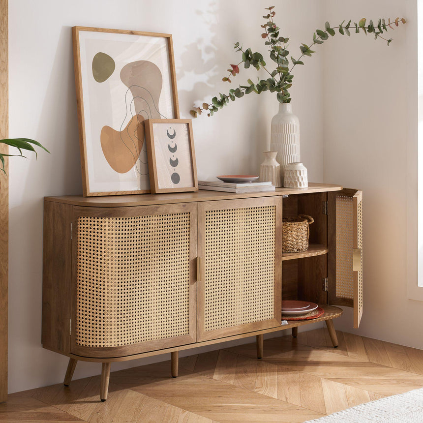 Noah Oak and Rattan Curved 150cm Medium Sideboard - 3 Doors-5