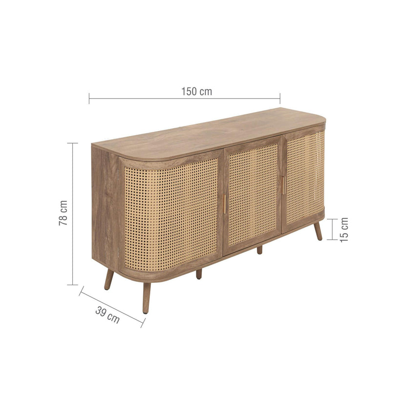 Noah Oak and Rattan Curved 150cm Medium Sideboard - 3 Doors-7