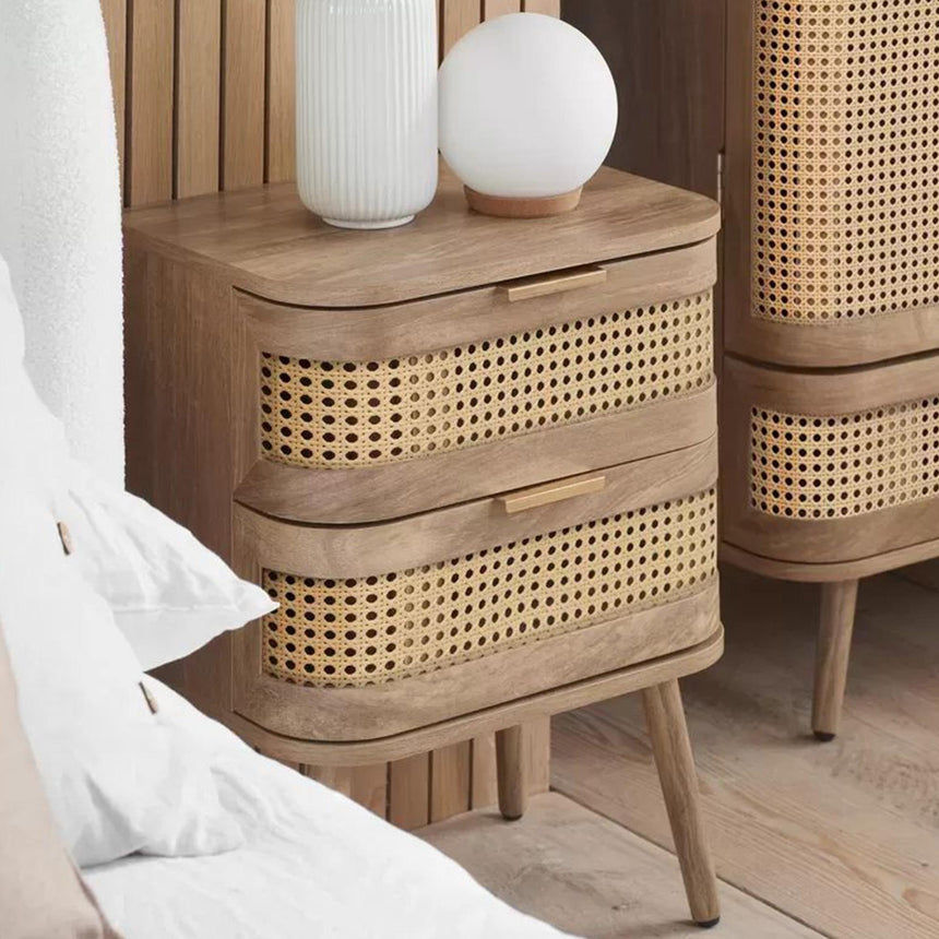 Noah Oak and Rattan Curved 2 Drawer Bedside Table-2