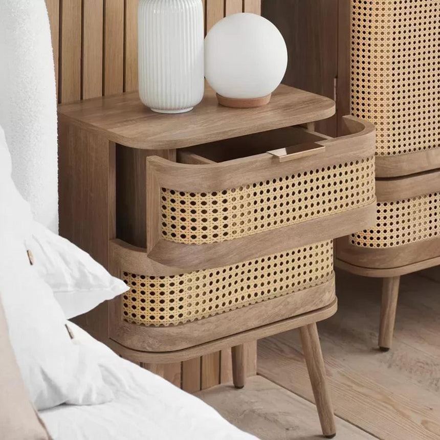 Noah Oak and Rattan Curved 2 Drawer Bedside Table-3
