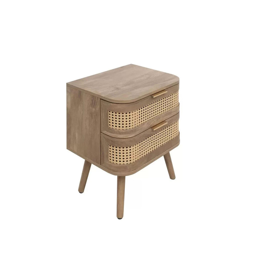 Noah Oak and Rattan Curved 2 Drawer Bedside Table-5
