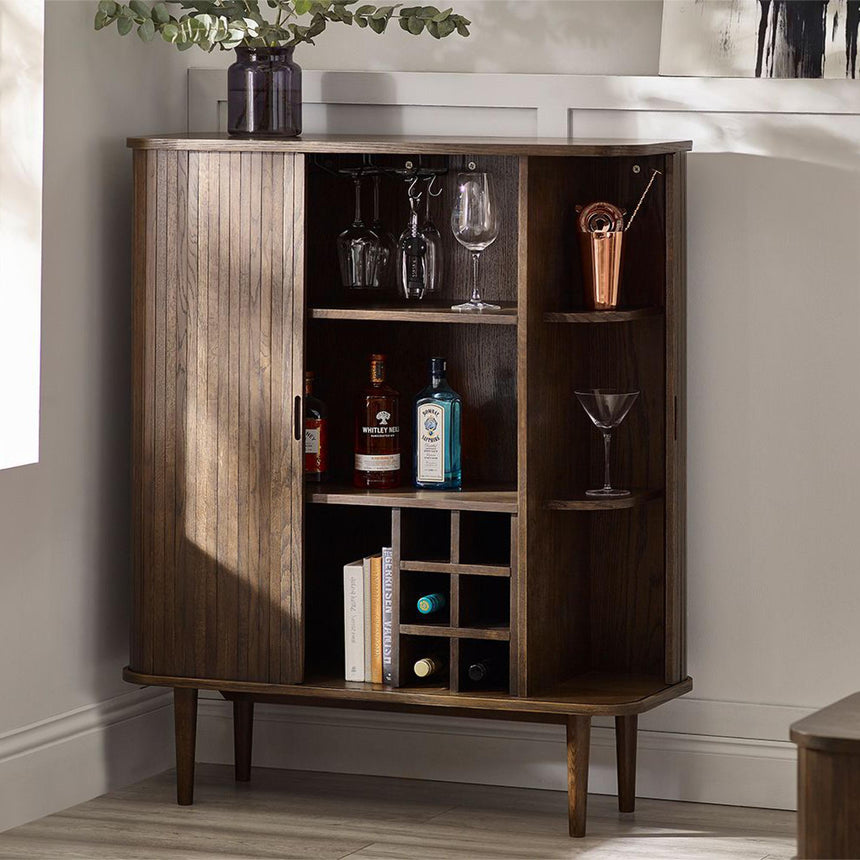 Tambour Dark Oak Ribbed 2 Door Wine Cabinet-2