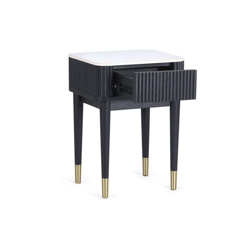 Louis White Ceramic Top 1 Drawer Lamp Table - Black Fluted Base-2