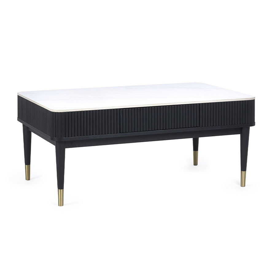 Louis White Ceramic Top 2 Drawer Coffee Table - Black Fluted Base-2