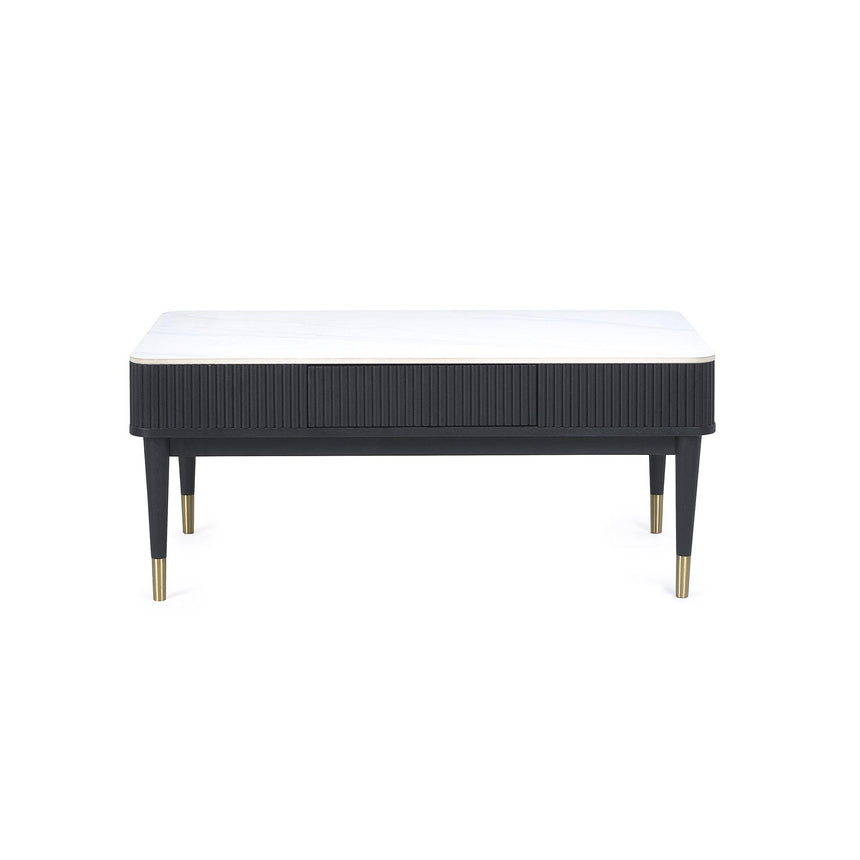 Louis White Ceramic Top 2 Drawer Coffee Table - Black Fluted Base-3