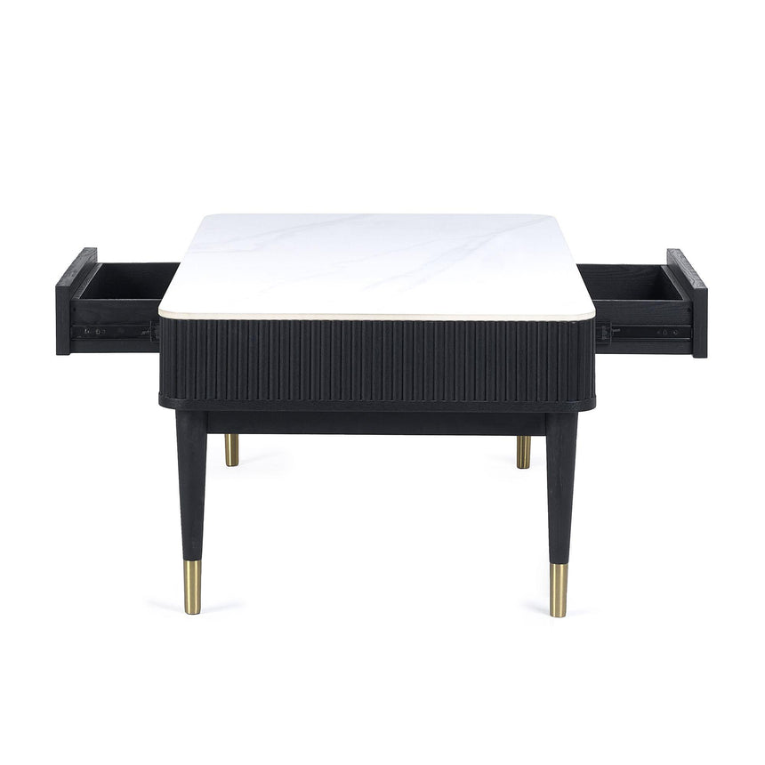 Louis White Ceramic Top 2 Drawer Coffee Table - Black Fluted Base-4