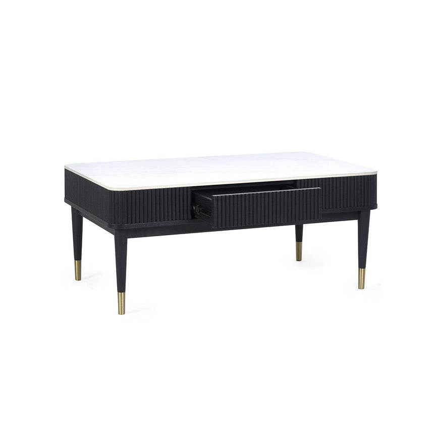 Louis White Ceramic Top 2 Drawer Coffee Table - Black Fluted Base-5