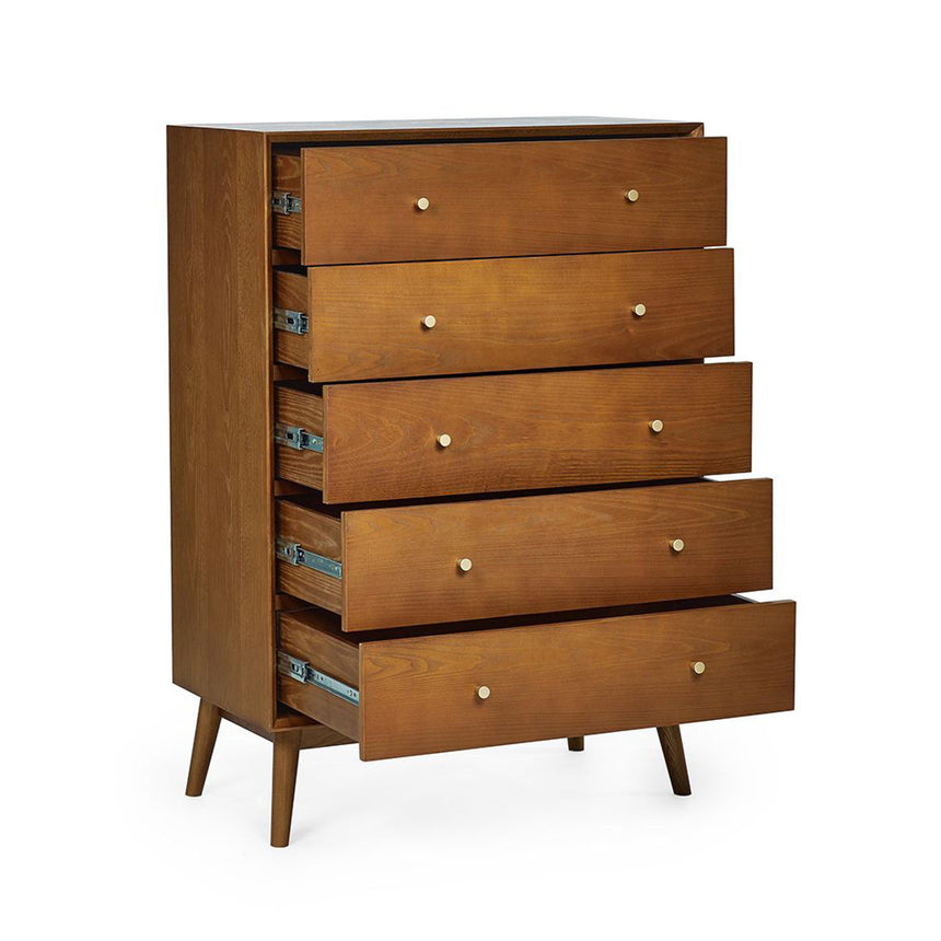 Lowry Cherry Wood Retro Style 5 Drawer Midi Chest-5