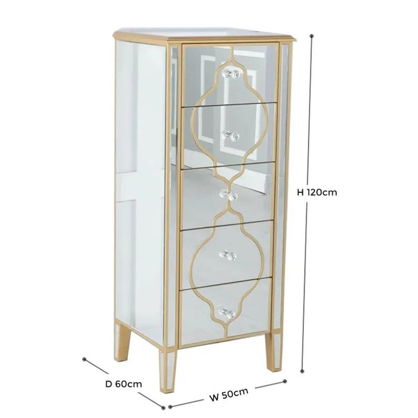 Casablanca Mirrored Gold Trim 5 Drawer Narrow Chest-6