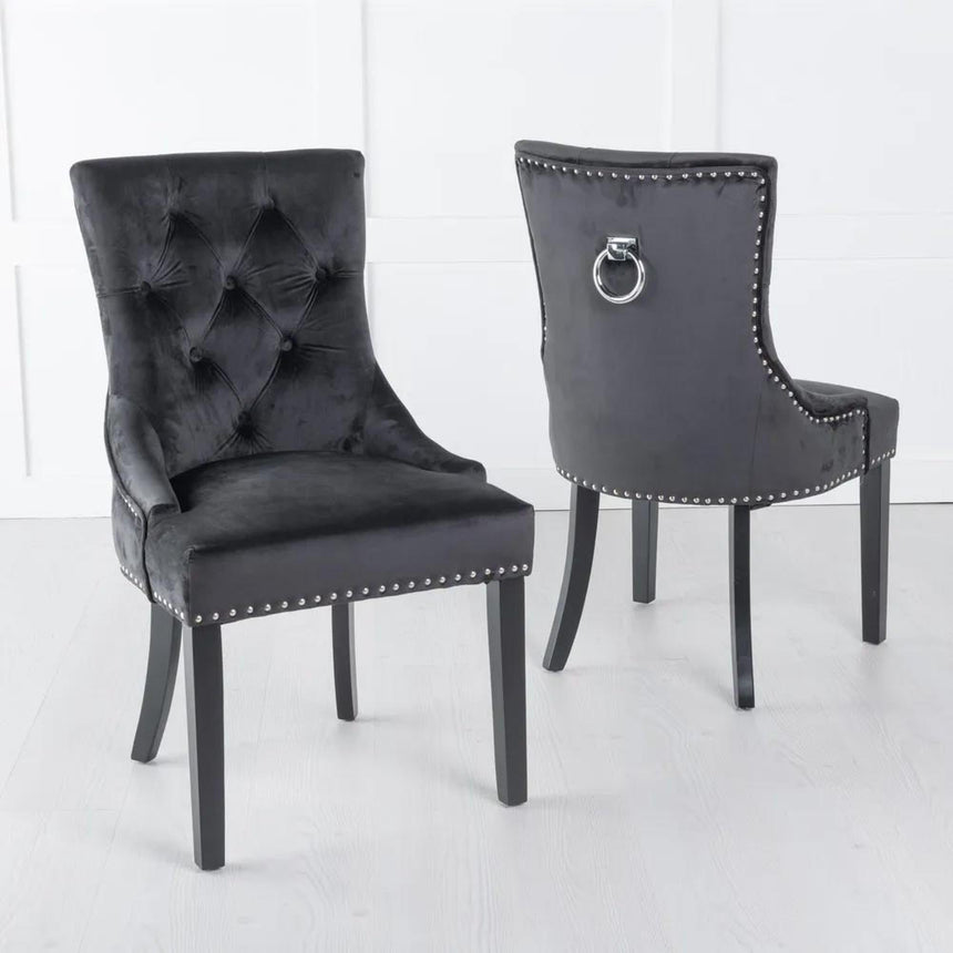 Knocker Back Black Velvet Fabric Dining Chair with Black Wooden Legs-2