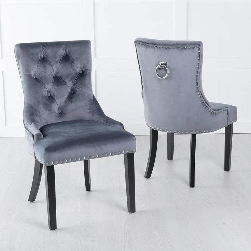 Knocker Back Grey Velvet Fabric Dining Chair with Black Wooden Legs-3