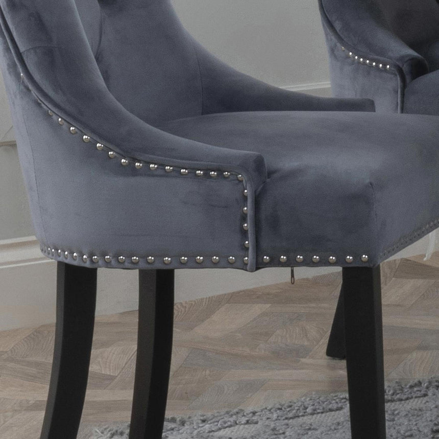 Knocker Back Grey Velvet Fabric Dining Chair with Black Wooden Legs-5