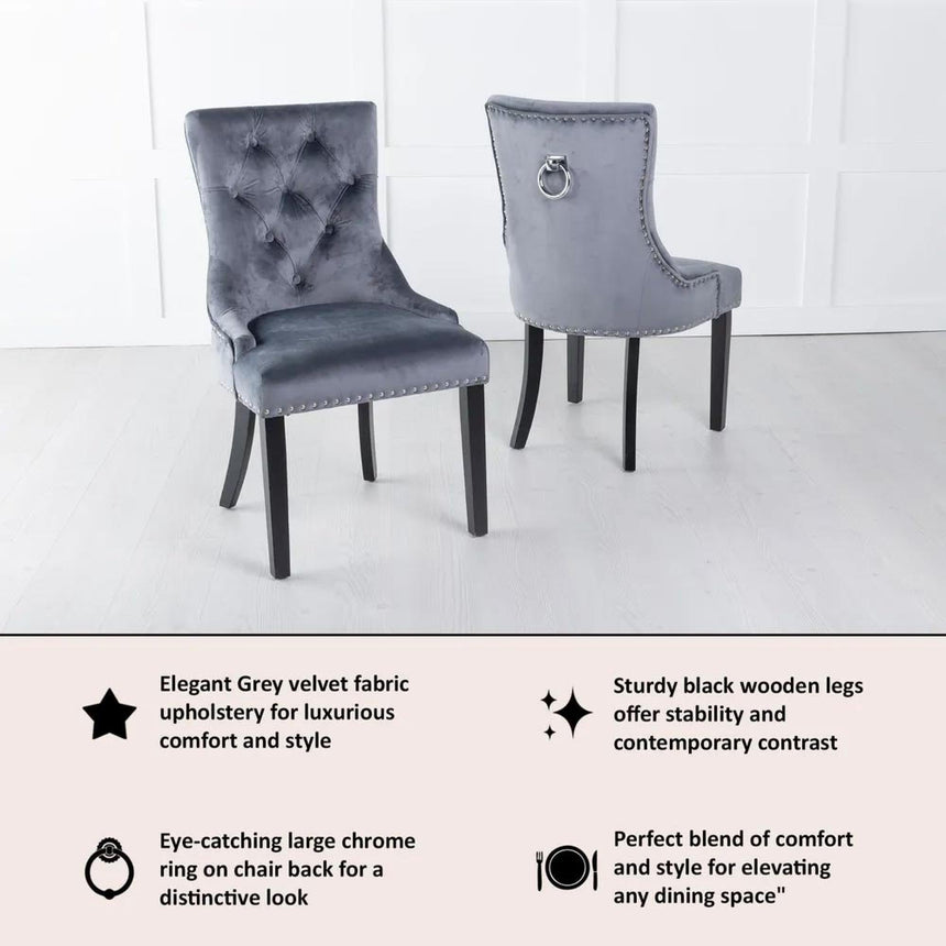 Knocker Back Grey Velvet Fabric Dining Chair with Black Wooden Legs-4