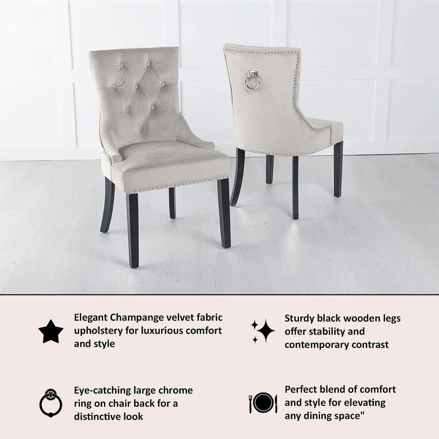 Knocker Back Champagne Dining Chair Velvet Fabric with Black Wooden Legs-7