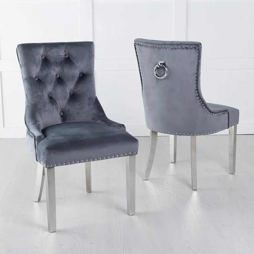 Knocker Back Grey Velvet Fabric Dining Chair with Chrome Legs-4