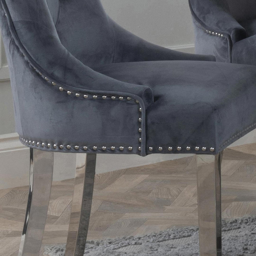 Knocker Back Grey Velvet Fabric Dining Chair with Chrome Legs-5