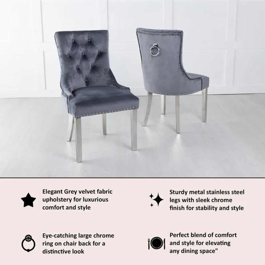 Knocker Back Grey Velvet Fabric Dining Chair with Chrome Legs-5