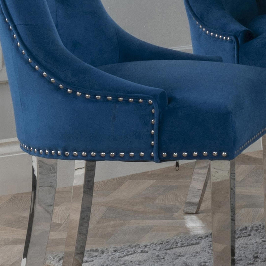 Knocker Back Blue Velvet Fabric Dining Chair with Chrome Legs-6