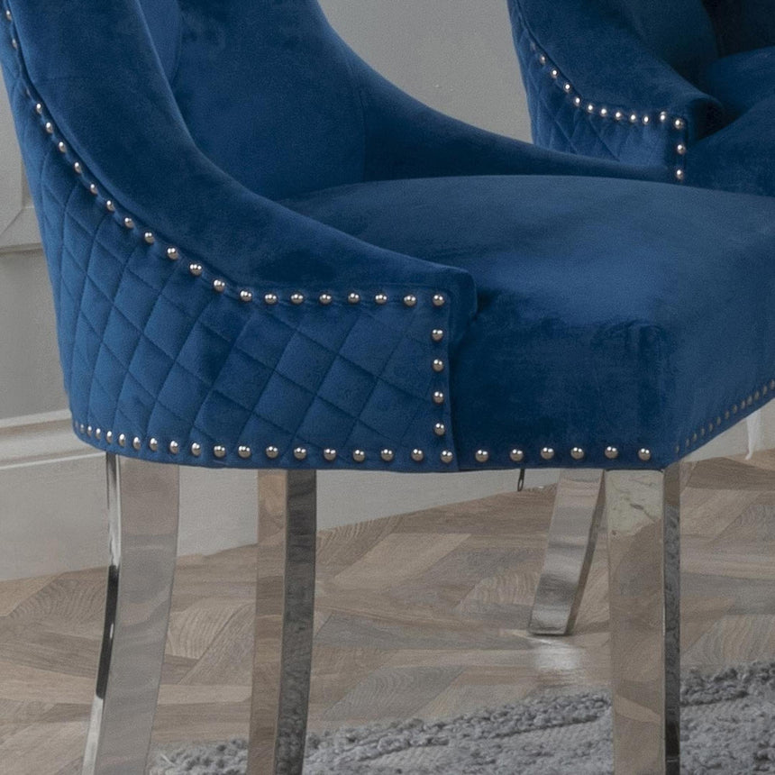 Lion Knocker Back Blue Velvet Fabric Dining Chair with Chrome Legs-4