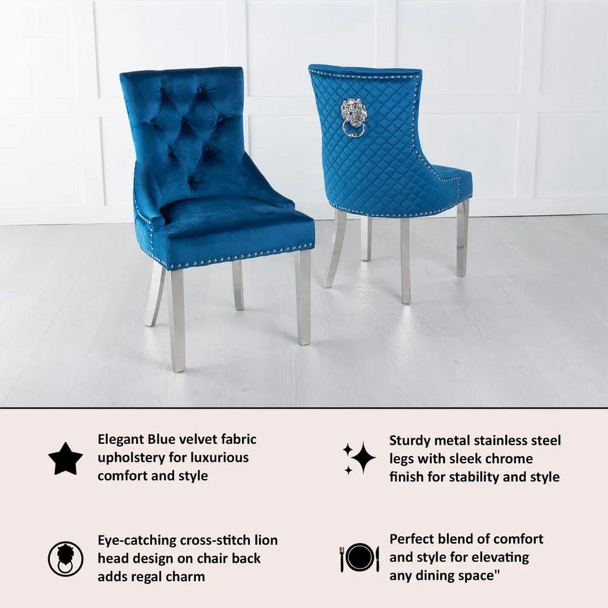 Lion Knocker Back Blue Velvet Fabric Dining Chair with Chrome Legs-5