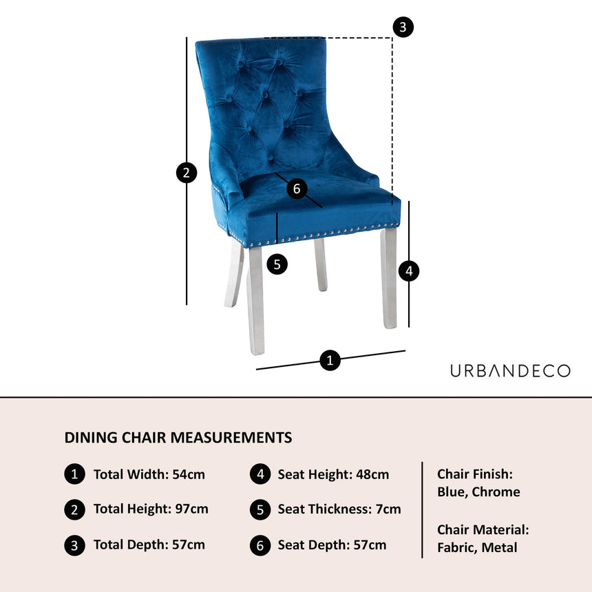 Lion Knocker Back Blue Velvet Fabric Dining Chair with Chrome Legs-5