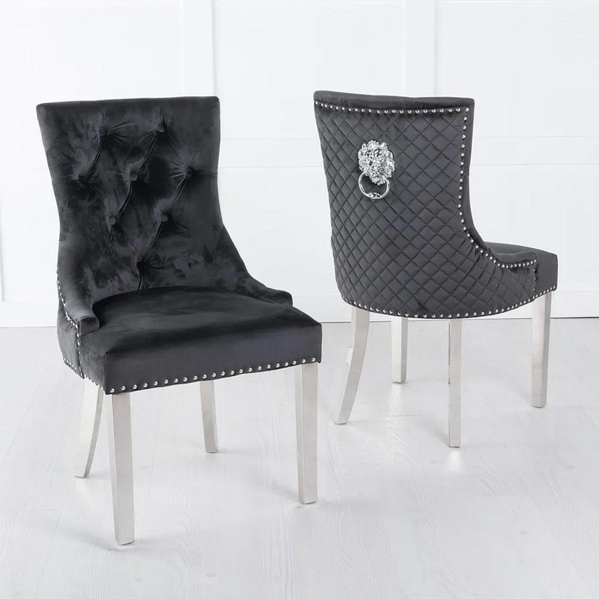 Lion Knocker Back Black Velvet Fabric Dining Chair with Chrome Legs-2