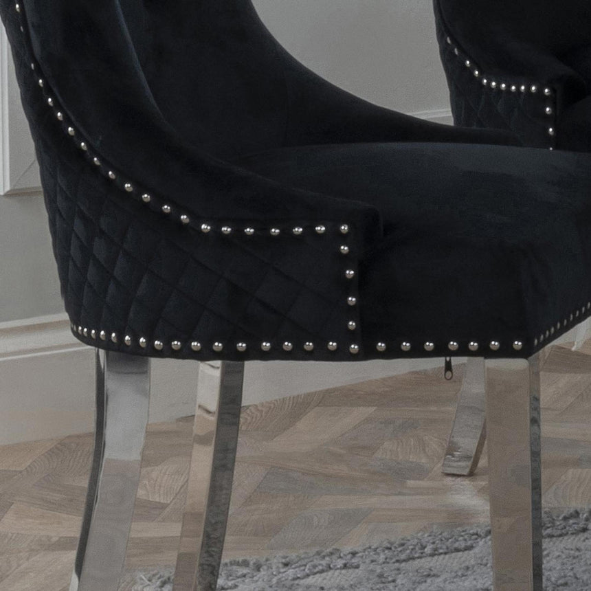Lion Knocker Back Black Velvet Fabric Dining Chair with Chrome Legs-3