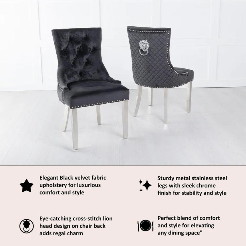Lion Knocker Back Black Velvet Fabric Dining Chair with Chrome Legs-4